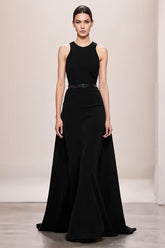 Schwarzes Langes A-Linie Abendkleid mit Neckholder aus Samt